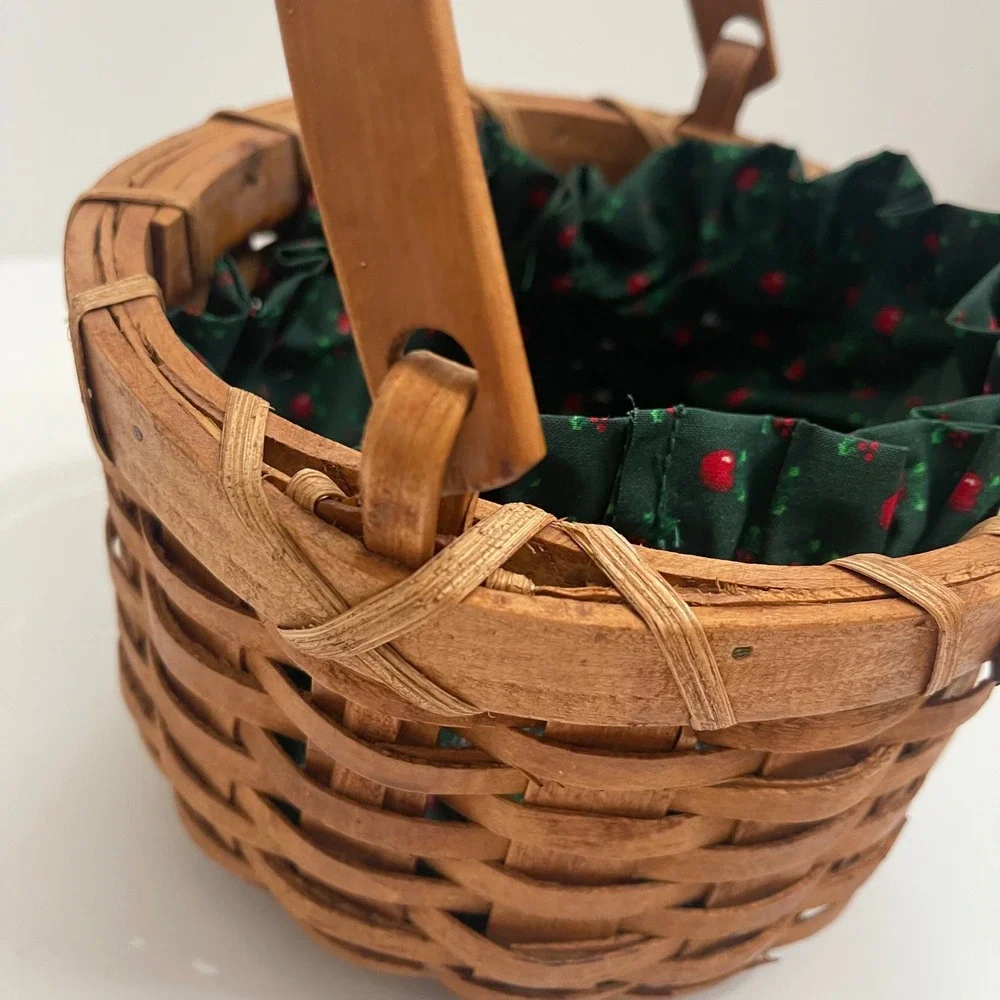 Vintage Woven Wood Round Basket with Handle and Green Cherry Apple Fabric Liner